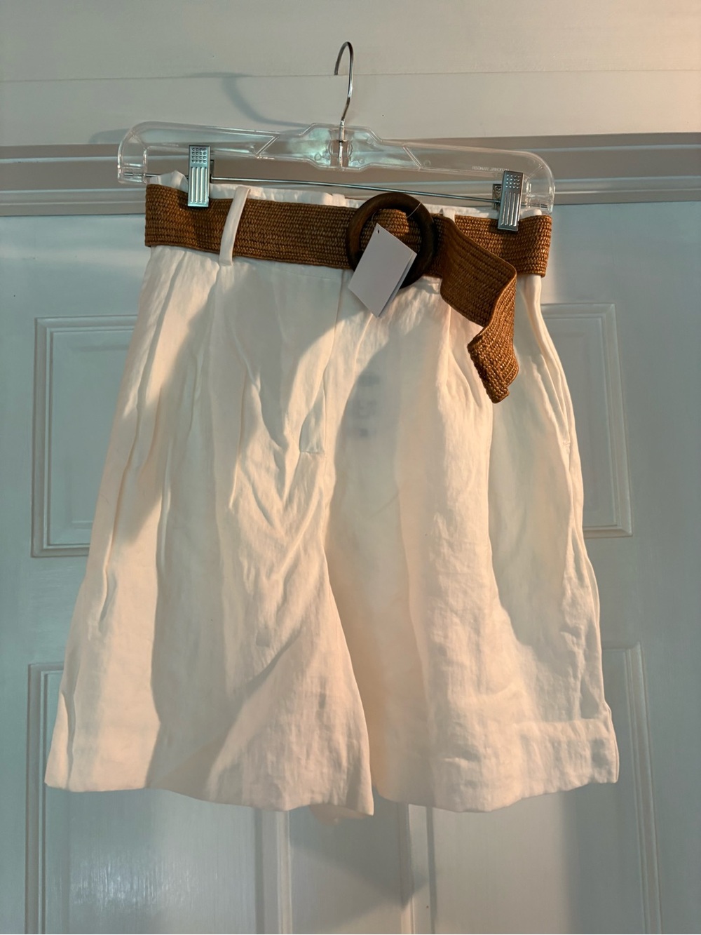 Zara Cream High-Waist Shorts with Brown Woven Belt